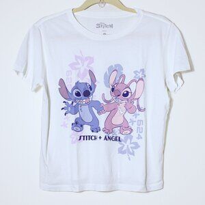 Disney Stitch + Angel Graphic Fitted Cropped Baby Tee White Size L NWOT